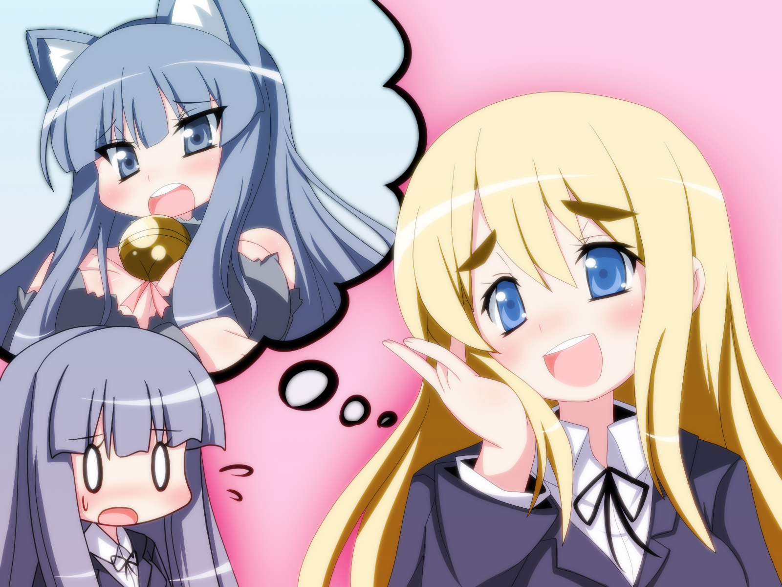 oborotsuki kakeru, akiyama mio, kotobuki tsumugi, k-on!, highres, 00s, 0 0, 2girls, animal ears, blonde hair, blue eyes, blunt bangs, blush, cat ears, hime cut, multiple girls, school uniform