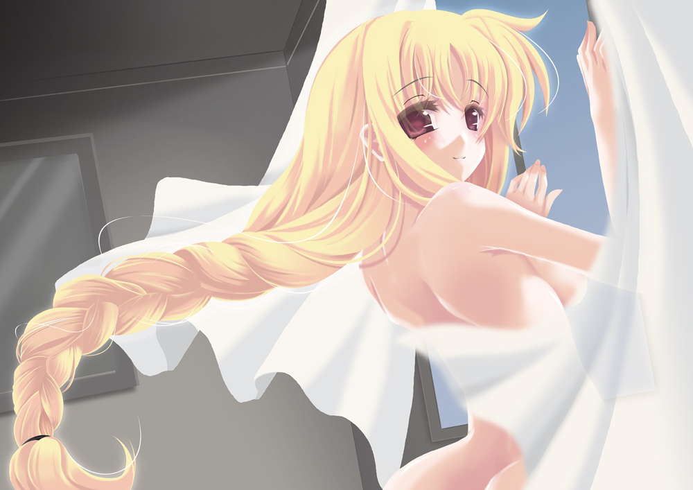 frapowa, fate testarossa, lyrical nanoha, mahou shoujo lyrical nanoha, mahou shoujo lyrical nanoha strikers, 00s, 1girl, alternate hairstyle, ass, blonde hair, blush, braid, breasts, butt crack, curtains, female focus, medium breasts, nude, red eyes, see-through clothes, single braid, solo