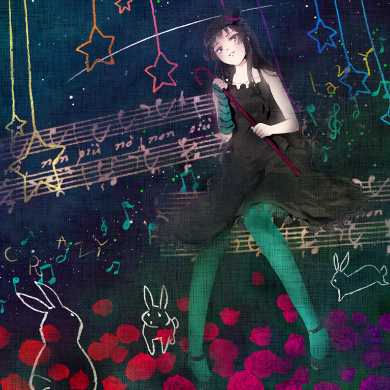 tottsuan, akiyama mio, don't say "lazy", k-on!, striped, 00s, 1girl, black hair, blue eyes, blue pantyhose, blunt bangs, dress, facepaint, female focus, gothic lolita, green pantyhose, hat, hime cut, lolita fashion, long hair, mini hat, mini top hat, music, musical note, musical staff, notes, pantyhose, rabbit, solo, star (symbol), top hat