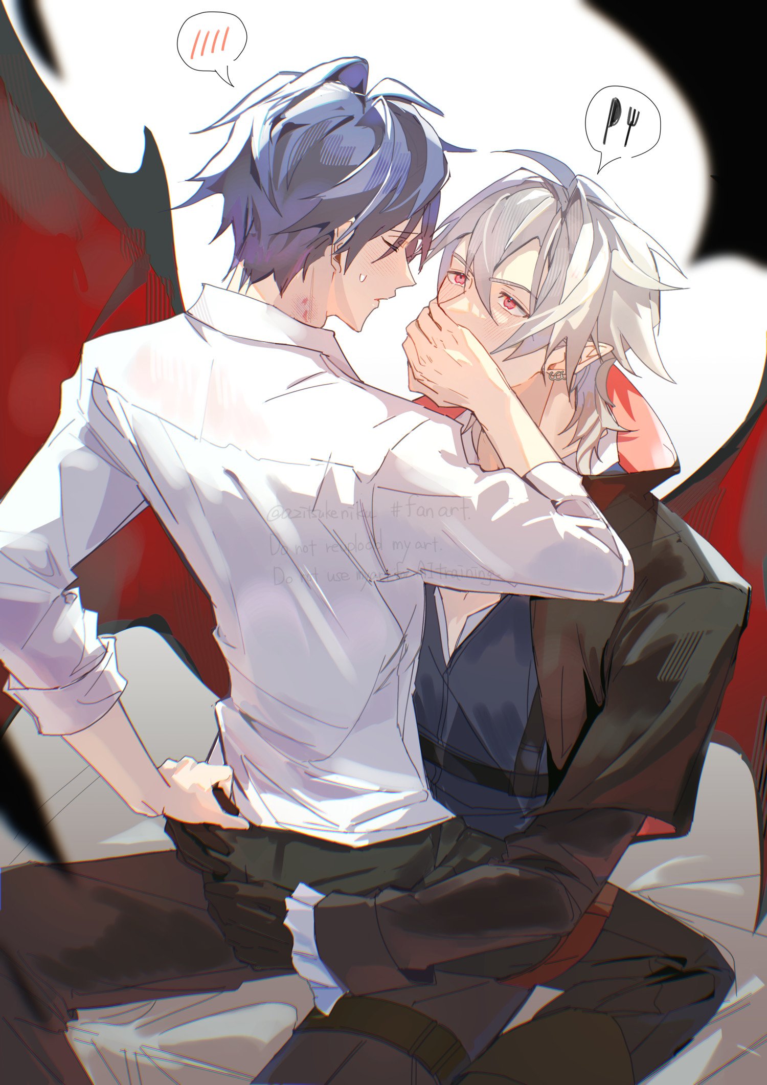 azitsukeniku, crow armbrust, rean schwarzer, eiyuu densetsu, sen no kiseki (series), highres, 2boys, bat wings, black hair, black pants, closed eyes, covering another's mouth, double-parted bangs, gagged, hair between eyes, hand gagged, hand over another's mouth, jacket, long sleeves, male focus, mullet, multiple boys, pants, red eyes, shirt, short hair, upper body, white shirt, wings, yaoi