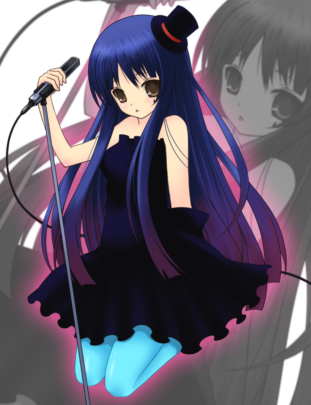 kanora, ryuta, akiyama mio, don't say "lazy", k-on!, bad id, bad pixiv id, highres, 00s, 1girl, blue pantyhose, blunt bangs, facepaint, female focus, gothic lolita, hat, hime cut, lolita fashion, mini hat, mini top hat, pantyhose, solo, top hat