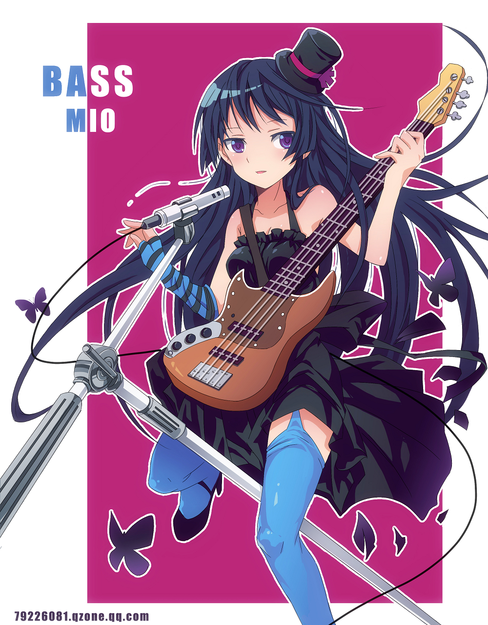 ryuuzaki ichi, zhuxiao517, akiyama mio, don't say "lazy", k-on!, striped, bad id, bad pixiv id, highres, 00s, 1girl, bass guitar, black hair, blunt bangs, dress, female focus, fingerless gloves, garter belt, gloves, gothic lolita, hat, high heels, hime cut, instrument, lolita fashion, long hair, microphone, microphone stand, mini hat, mini top hat, shoes, solo, thighhighs, top hat