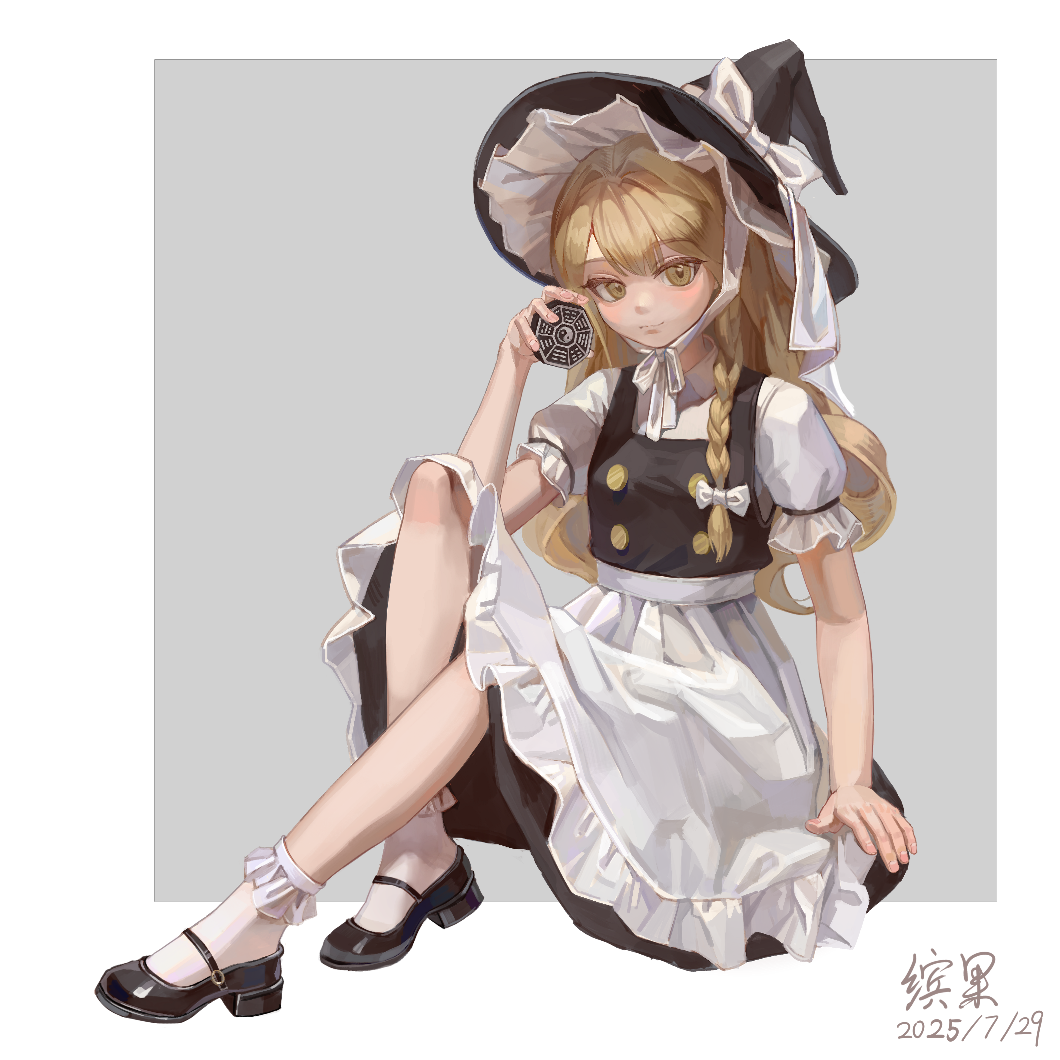 kirisame marisa, touhou, absurdres, highres, 1girl, apron, bing guo, blonde hair, boots, bow, braid, broom, broom riding, brown boots, dress, frilled hair tubes, frills, hair bow, hair tubes, hat, hat bow, long braid, long hair, mary janes, mini-hakkero, ribbon, shirt, shoes, short sleeves, side braid, simple background, single braid, skirt, smile, solo, waist apron, white bow, white shirt, witch hat, yellow eyes