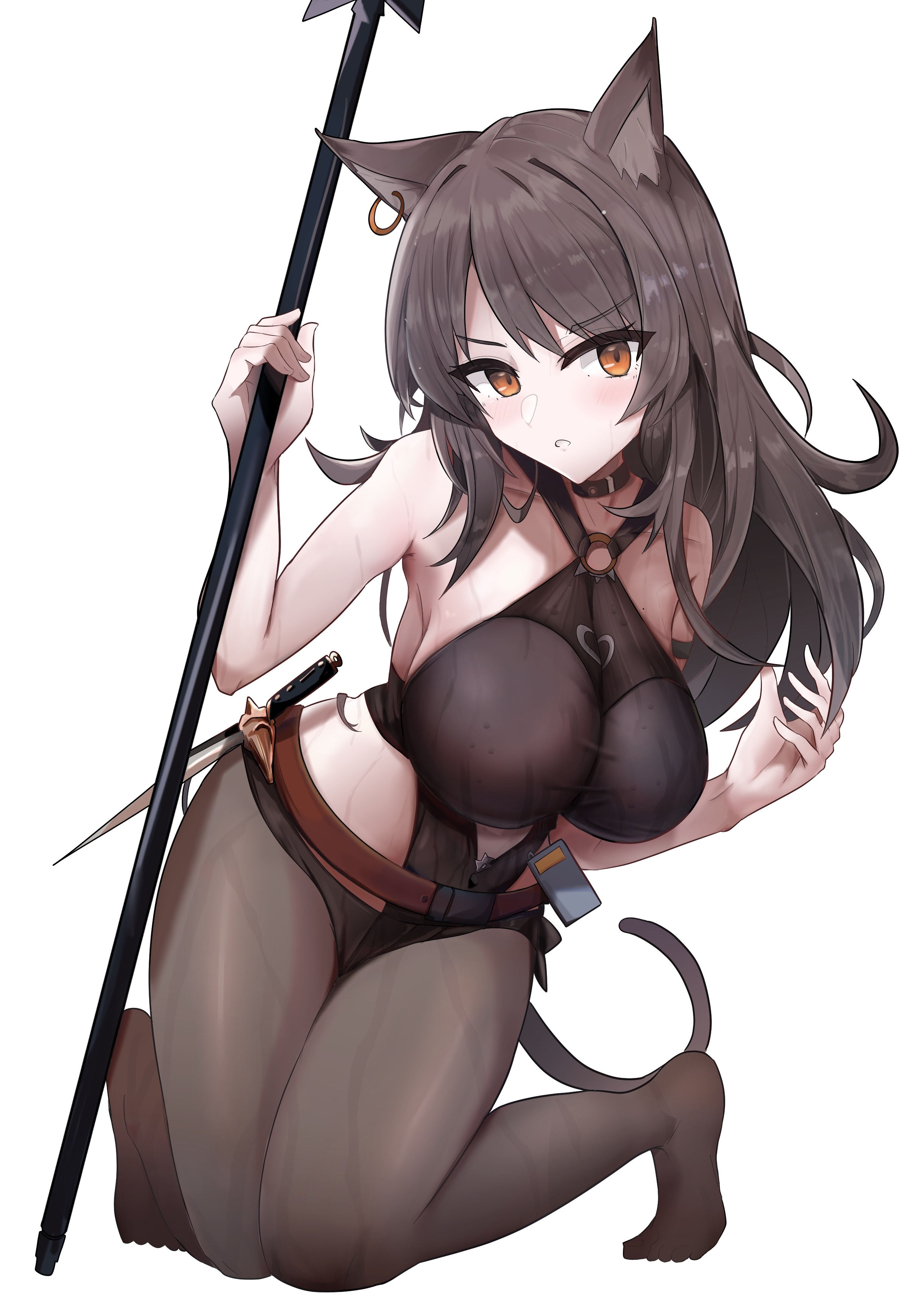 lastmatch500, skyfire (arknights), arknights, absurdres, commentary request, commission, highres, skeb commission, 1girl, animal ear fluff, animal ear piercing, animal ears, bare shoulders, breasts, brown hair, brown pantyhose, full body, holding, knife, large breasts, long hair, looking at viewer, no shoes, o-ring, orange eyes, pantyhose, parted lips, simple background, solo, wet, wet clothes, white background