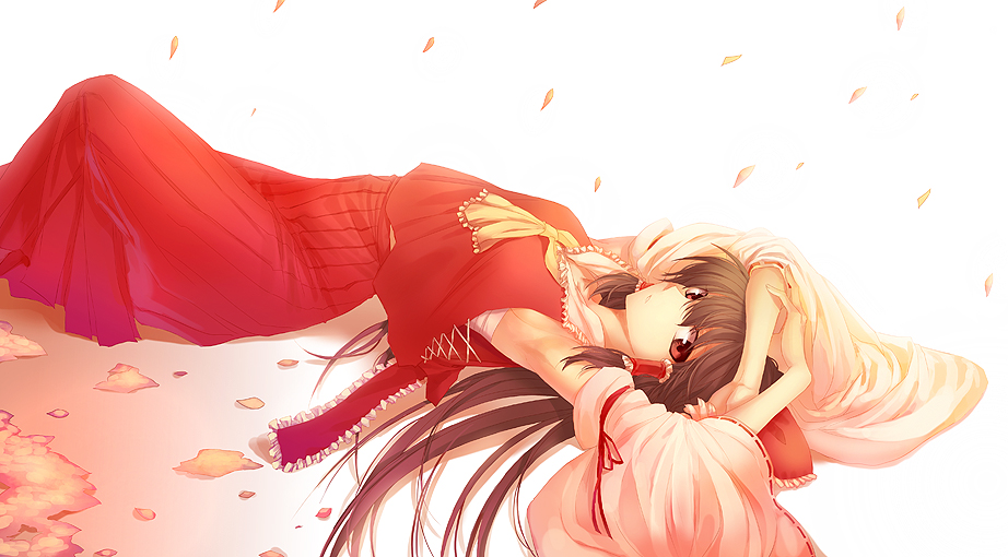 irua, hakurei reimu, touhou, bad id, bad pixiv id, 1girl, armpits, breasts, brown eyes, brown hair, detached sleeves, female focus, gradient background, japanese clothes, long hair, lying, medium breasts, miko, on back, petals, ribbon, sideboob, skirt, solo, white background