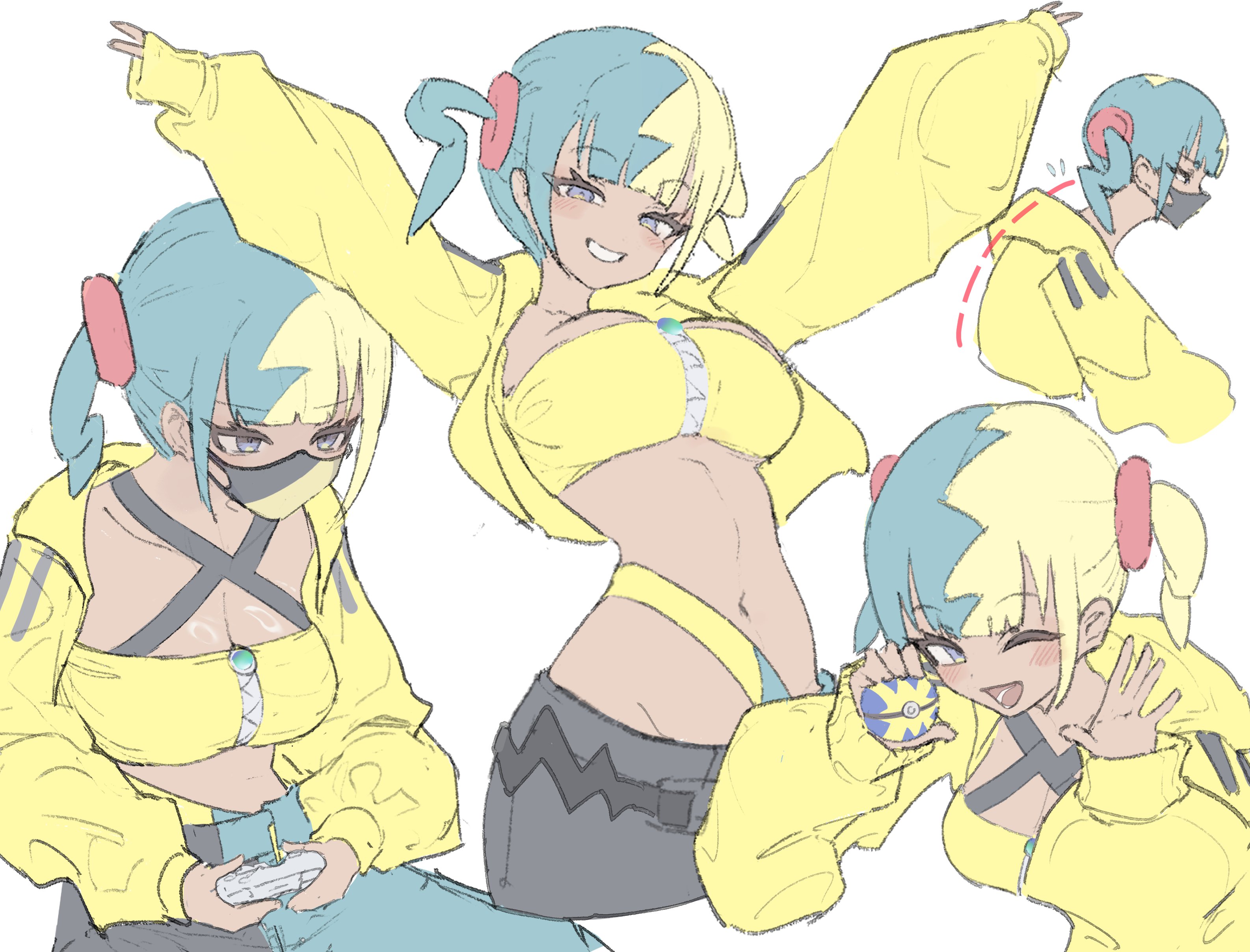 mara2ks, canari (pokemon), nintendo, pokemon, pokemon legends: z-a, absurdres, commentary, english commentary, highres, ;d, aqua hair, aqua pants, arms up, bandeau, black pants, blonde hair, blue eyes, blush, breasts, cleavage, collarbone, controller, dark-skinned female, dark skin, game controller, holding, holding controller, holding game controller, holding poke ball, jacket, large breasts, looking at viewer, multicolored hair, multiple views, navel, one eye closed, open mouth, pants, poke ball, simple background, smile, twintails, two-tone hair, two-tone pants, white background, yellow bandeau, yellow jacket