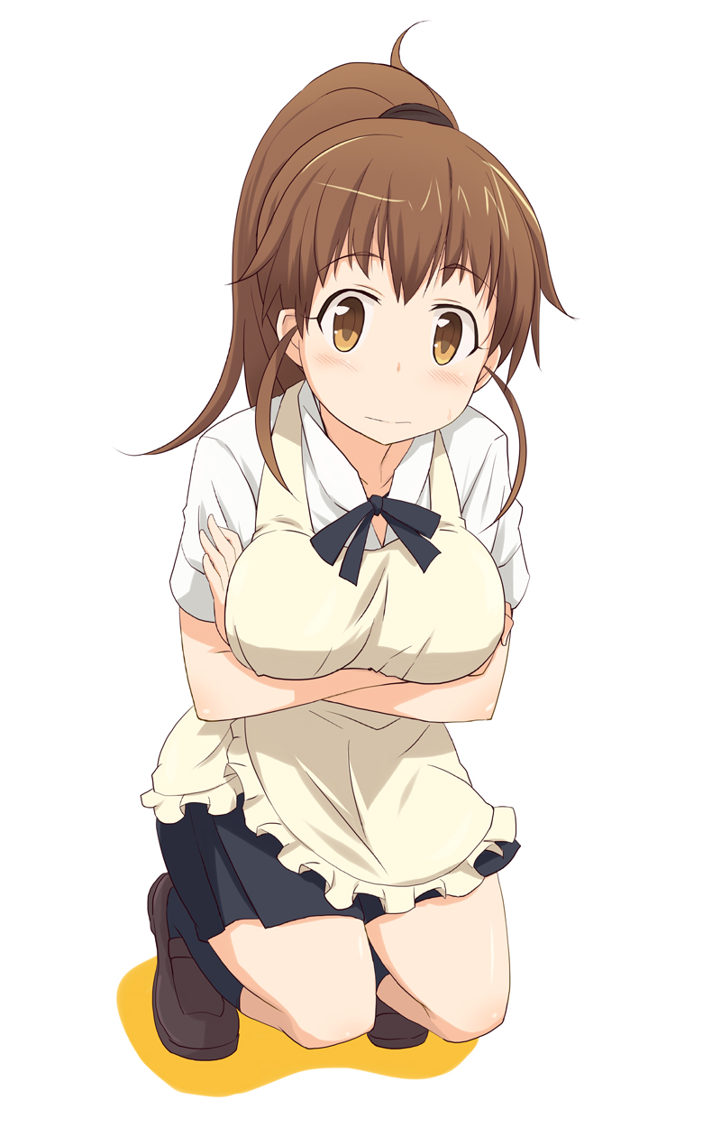 kugui kiyunemu, taneshima popura, working!!, commentary, commentary request, english commentary, highres, mixed-language commentary, partial commentary, 1girl, apron, black hairband, black ribbon, black skirt, black socks, blush, breasts, brown eyes, brown hair, brown shoes, collarbone, collared shirt, colored shadow, crossed arms, frilled apron, frills, full body, hair between eyes, hairband, high ponytail, kneehighs, loafers, long hair, looking at viewer, medium breasts, neck ribbon, ponytail, ribbon, shadow, shirt, shoes, short sleeves, sidelocks, simple background, skirt, smile, socks, solo, squatting, white background, white shirt, yellow apron