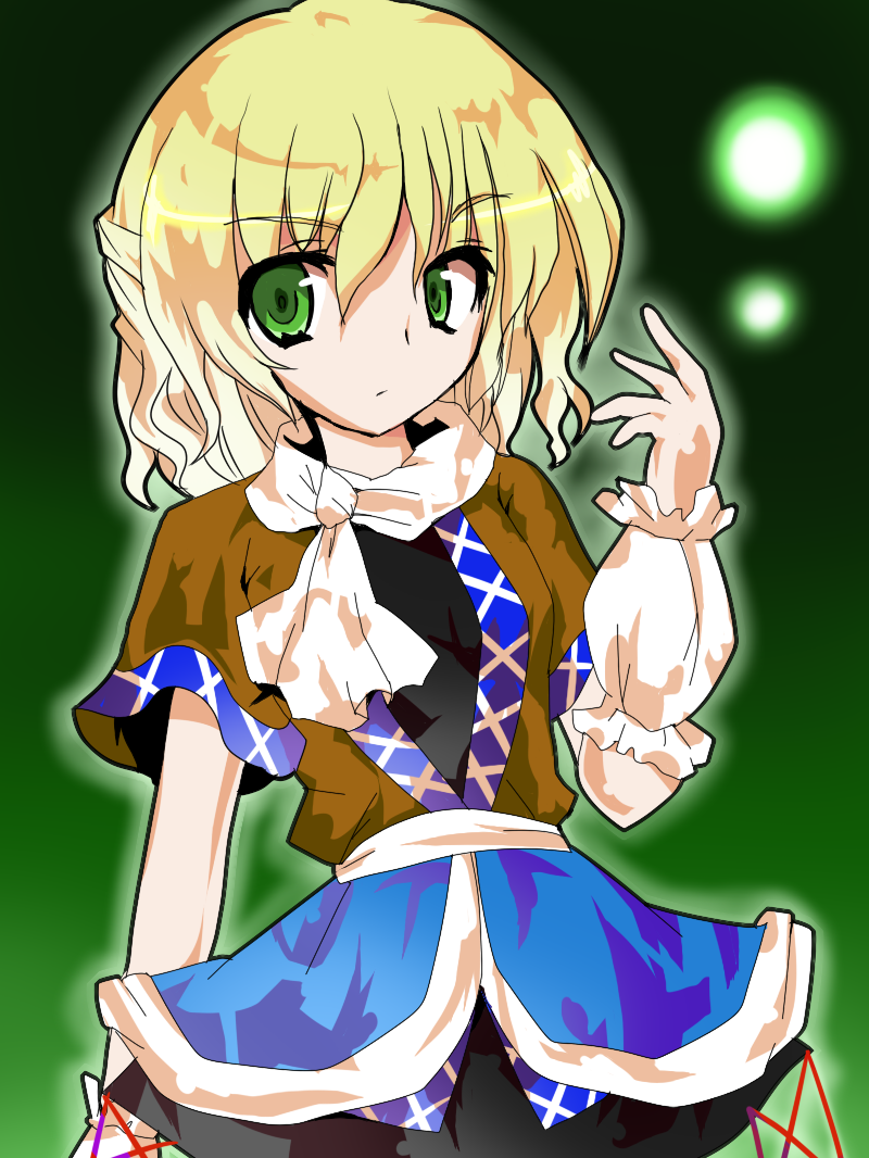 kikugetsu, munyunyu, mizuhashi parsee, touhou, bad id, bad pixiv id, 1girl, alphes (style), blonde hair, female focus, green eyes, half updo, light particles, parody, scarf, solo, style parody