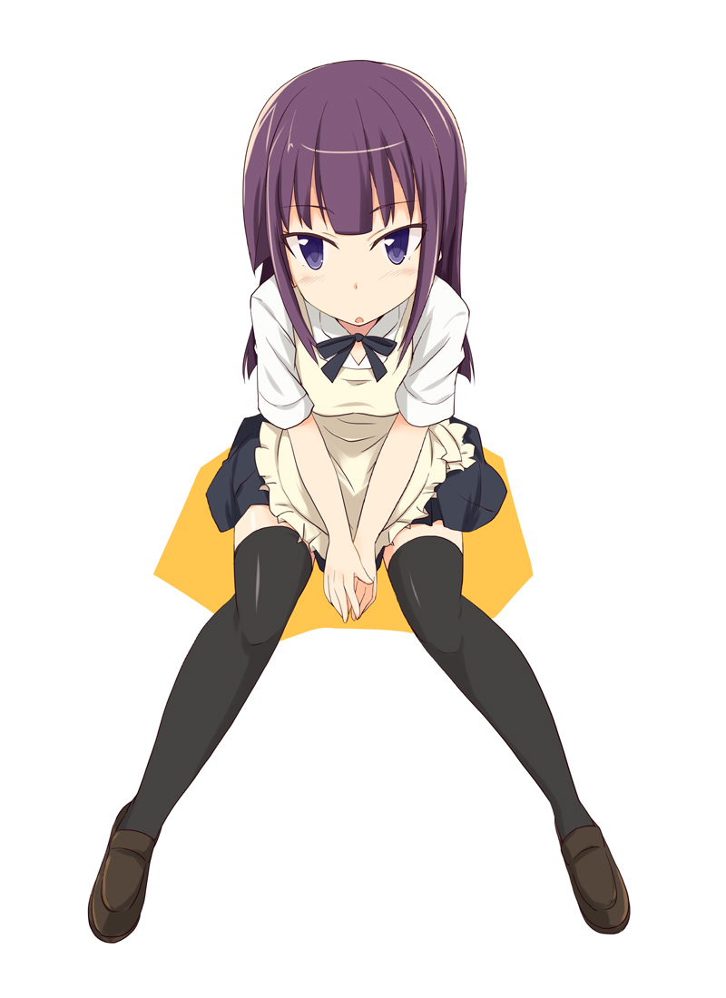 kugui kiyunemu, yamada aoi, working!!, commentary, commentary request, english commentary, mixed-language commentary, partial commentary, 1girl, apron, arms between legs, black ribbon, black skirt, black thighhighs, blush, brown shoes, collared shirt, colored shadow, frilled apron, frills, from above, full body, loafers, long hair, looking at viewer, neck ribbon, parted lips, pleated skirt, purple eyes, purple hair, ribbon, shadow, shirt, shoes, sidelocks, simple background, sitting, skirt, solo, thighhighs, white background, white shirt, yellow apron