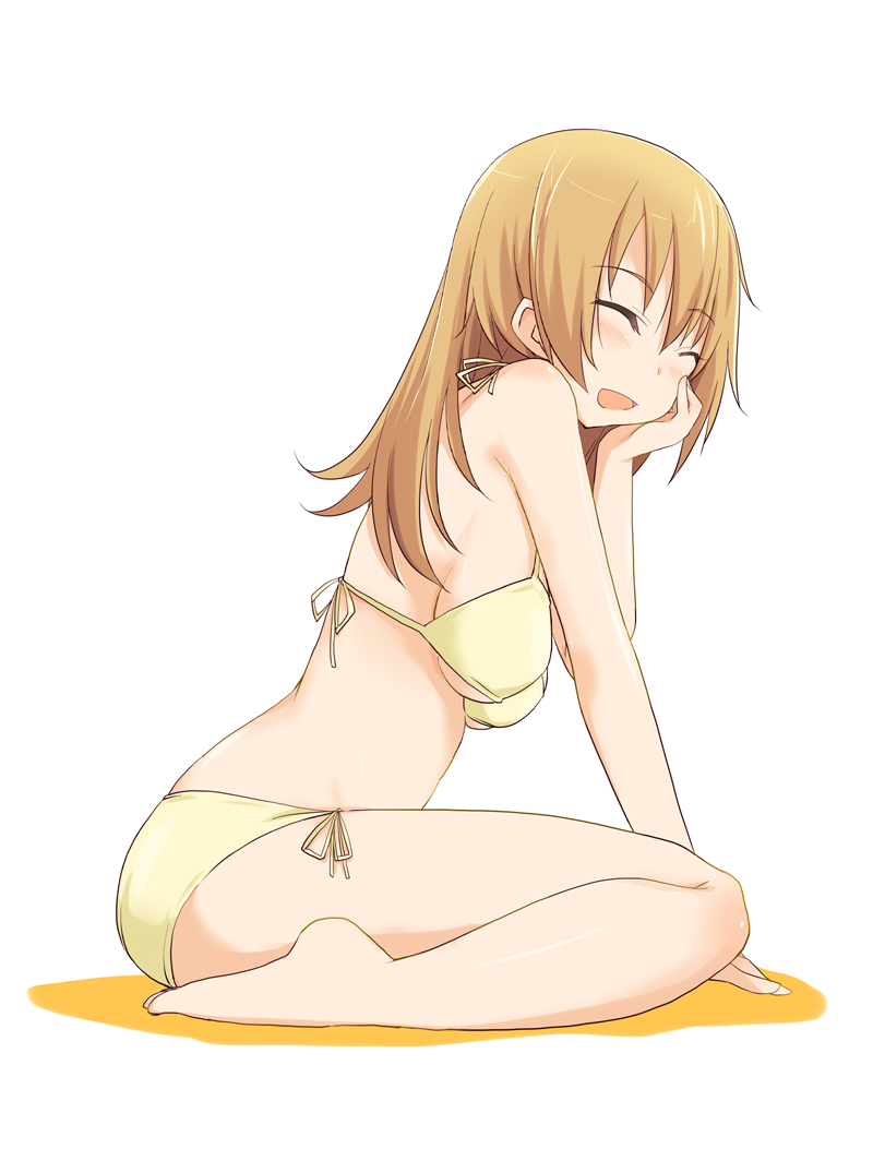 kugui kiyunemu, todoroki yachiyo, working!!, commentary, commentary request, english commentary, mixed-language commentary, partial commentary, 1girl, :d, arm support, bikini, blonde hair, blush, breasts, closed eyes, colored shadow, feet, from side, full body, hair between eyes, halterneck, hand on own cheek, hand on own face, long hair, medium breasts, open mouth, shadow, side-tie bikini bottom, sideboob, sidelocks, simple background, sitting, smile, solo, swimsuit, underboob, white background, yellow bikini