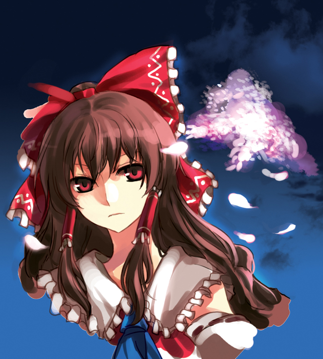 irua, hakurei reimu, touhou, bad id, bad pixiv id, 1girl, brown hair, female focus, gradient background, nature, outdoors, plant, red eyes, ribbon, sky, solo, upper body
