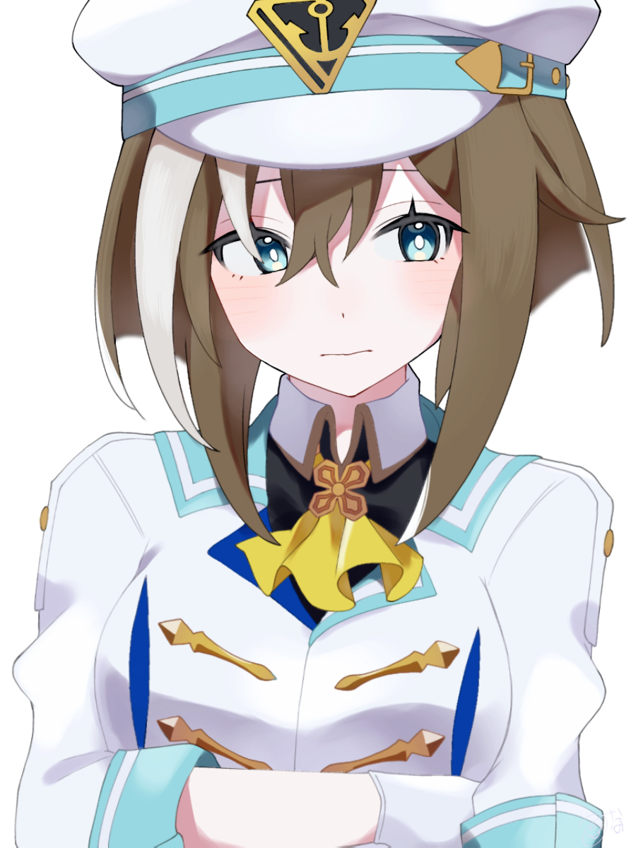 cheval grand (umamusume), umamusume, highres, 1girl, ascot, blue eyes, blush, breasts, brown hair, chazuke, closed mouth, collared shirt, hair between eyes, hat, jacket, long sleeves, medium breasts, multicolored hair, peaked cap, shirt, simple background, solo, white background, white hair, white hat, white jacket, yellow ascot