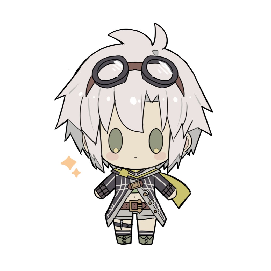 george man, fie claussell, eiyuu densetsu, sen no kiseki, sen no kiseki (series), sen no kiseki ii, 1girl, bob cut, chibi, coat, crop top, curtained hair, full body, goggles, goggles on head, green eyes, hair between eyes, looking at viewer, midriff, navel, parted bangs, short hair, simple background, solo, tachi-e, white background, white hair