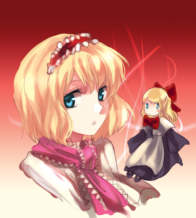 irua, alice margatroid, shanghai doll, touhou, bad id, bad pixiv id, 2girls, blonde hair, blue eyes, female focus, gradient background, hairband, multiple girls, short hair, solo