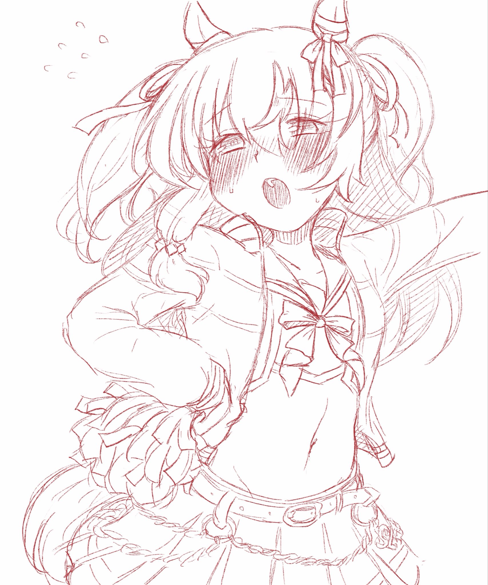 eko (yu-shao-eko), still in love (umamusume), umamusume, highres, 1girl, alternate costume, alternate hairstyle, animal ears, belt, blush, breasts, collarbone, hair ornament, horse ears, horse tail, jacket, long hair, looking at viewer, navel, open mouth, pom pom (cheerleading), simple background, small breasts, solo, sweat, tail, white background