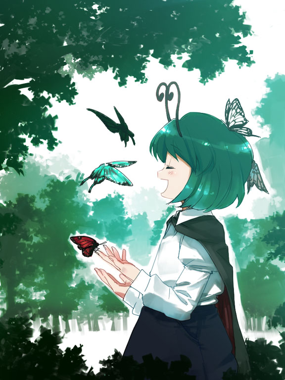 tonbi, wriggle nightbug, touhou, bad id, bad pixiv id, 1girl, antennae, bug, butterfly, cape, closed eyes, female focus, forest, green hair, green theme, music, nature, outdoors, plant, profile, short hair, singing, solo