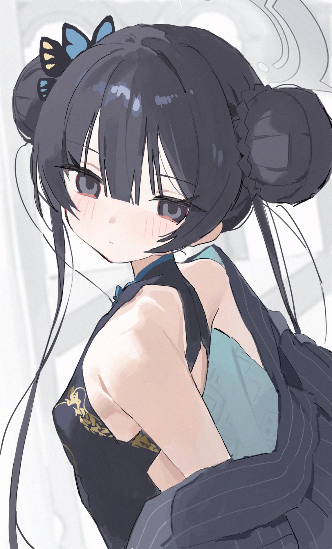 measho, kisaki (blue archive), blue archive, highres, 1girl, bare shoulders, black dress, black hair, blush, breasts, china dress, chinese clothes, double bun, dress, grey eyes, hair bun, halo, long hair, looking at viewer, sidelocks, simple background, small breasts, solo, upper body