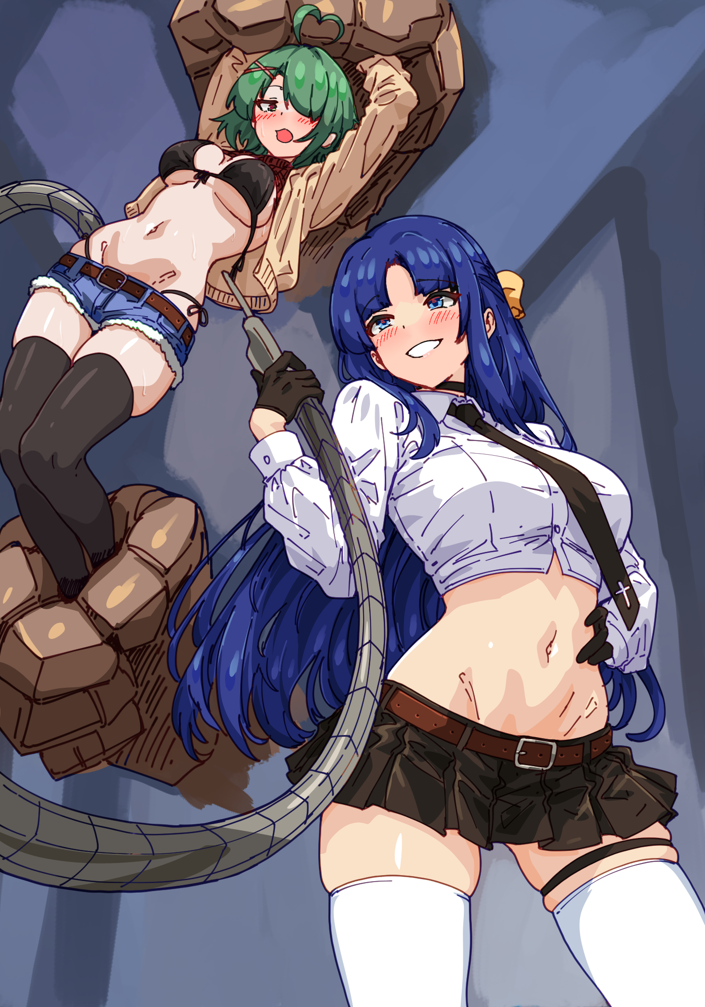 bakasp-lilzy, original, commentary, english commentary, highres, 2girls, ahoge, arms up, bdsm, belt, belt buckle, black bra, black choker, black gloves, black necktie, black panties, black skirt, black thighhighs, blue eyes, blue hair, blush, bondage, bound, bra, breasts, brown cardigan, buckle, cardigan, choker, collared shirt, contrapposto, crop top, cropped shirt, cutoffs, denim, denim shorts, femdom, forehead, gloves, green hair, grin, groin, hair ornament, hair over one eye, hand on own hip, heart, heart ahoge, holding, large breasts, long bangs, long hair, long sleeves, looking at another, micro shorts, microskirt, multiple girls, navel, necktie, open cardigan, open clothes, open mouth, panties, panty straps, parted bangs, pleated skirt, red belt, shirt, short hair, shorts, skindentation, skirt, smile, standing, stomach, straight hair, string bra, thigh strap, thighhighs, underwear, white shirt, white thighhighs, wing collar, x hair ornament, yuri, zettai ryouiki