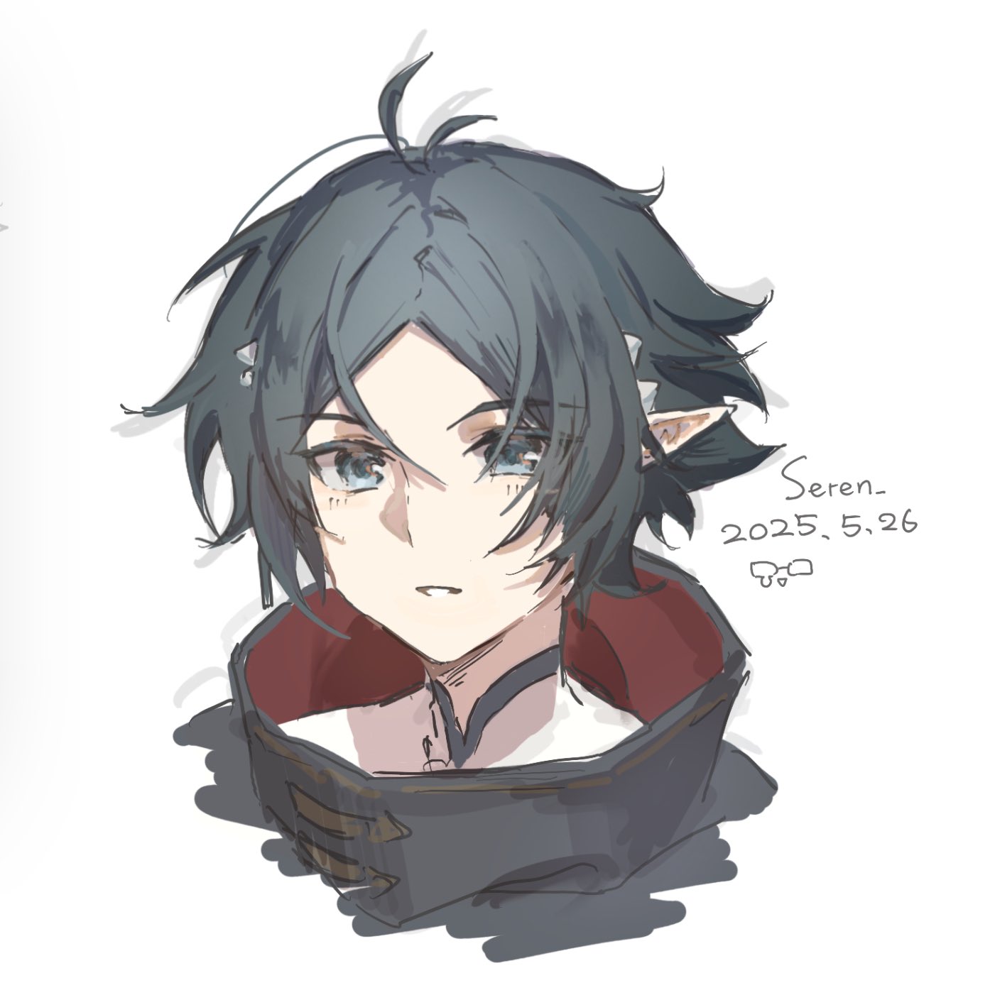 zuo le (arknights), arknights, highres, 1boy, black hair, cropped shoulders, dated, grey eyes, hair between eyes, high collar, looking at viewer, male focus, parted bangs, parted lips, pointy ears, rinko seren, short hair, sketch, solo