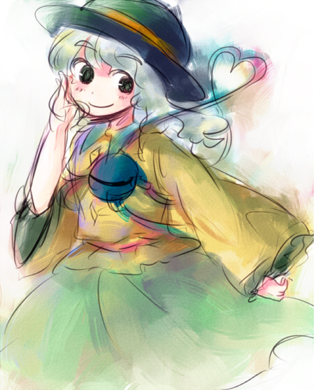 ako (artist), komeiji koishi, touhou, bad id, bad pixiv id, 1girl, female focus, gradient background, hat, sketch, skirt, solo, third eye, white background
