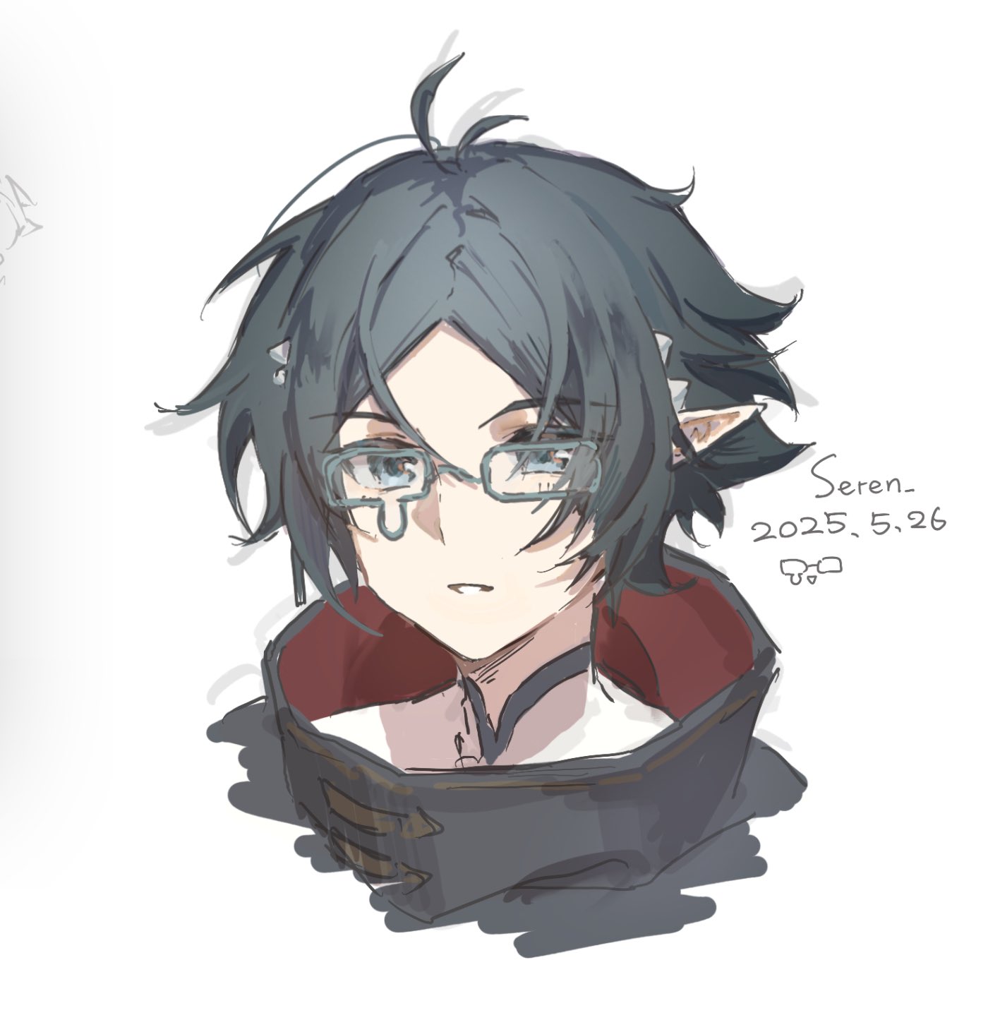 zuo le (arknights), arknights, commentary, highres, symbol-only commentary, 1boy, black hair, cropped shoulders, dated, glasses, grey-framed eyewear, grey eyes, hair between eyes, high collar, looking at viewer, male focus, parted bangs, parted lips, pointy ears, rectangular eyewear, rinko seren, short hair, sketch, solo, teardrop-framed glasses
