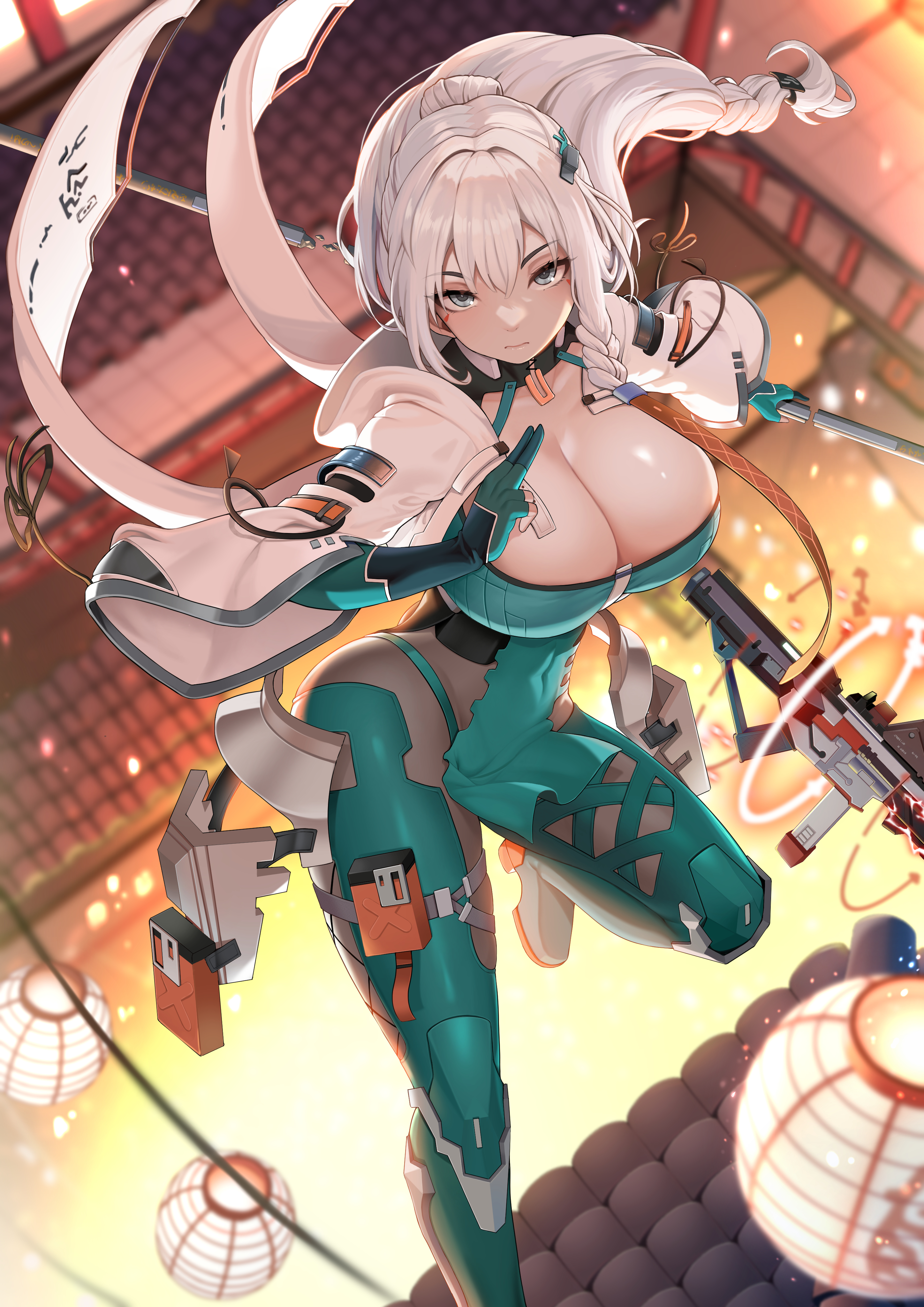 hasaya, ji chenxing, snowbreak: containment zone, absurdres, commentary, highres, 1girl, architecture, armored boots, assault rifle, blue eyes, bodystocking, bodysuit, boots, braid, breasts, cleavage, closed mouth, collarbone, covered navel, cropped jacket, east asian architecture, elbow gloves, facial mark, floating hair, from above, gloves, green bodysuit, green boots, green gloves, gun, hair between eyes, hair bun, holding, holding polearm, holding weapon, jacket, kuji-in, lantern, large breasts, long hair, looking at viewer, low-braided long hair, low-tied long hair, night, outdoors, paper lantern, partially fingerless gloves, pelvic curtain, polearm, rifle, sidelocks, solo, standing, standing on one leg, weapon, white hair, white jacket