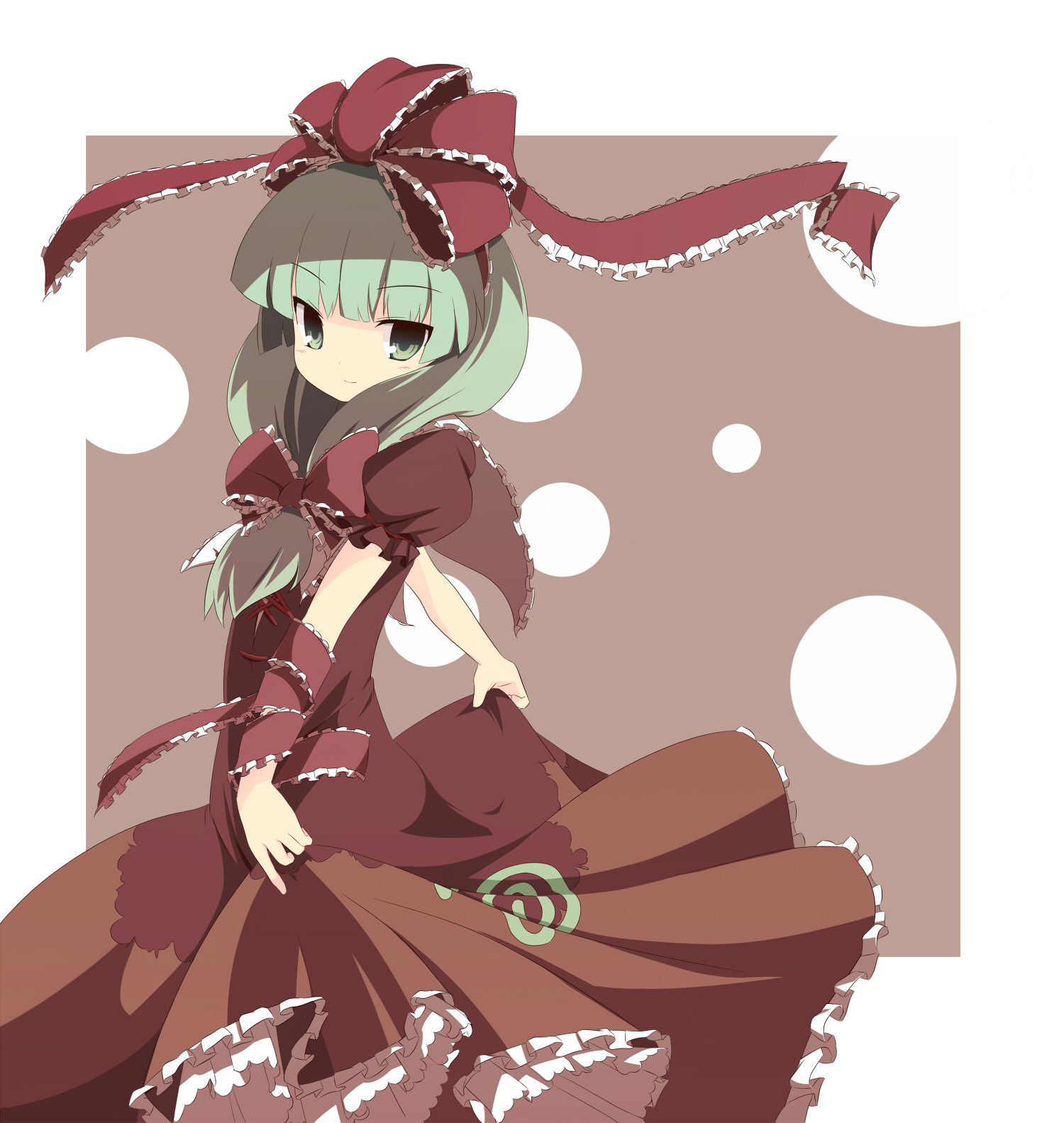 miko machi, kagiyama hina, touhou, highres, 1girl, arm ribbon, dress, female focus, frills, front ponytail, green eyes, green hair, hair ribbon, light smile, long hair, matching hair/eyes, no nose, red dress, ribbon, simple background, solo