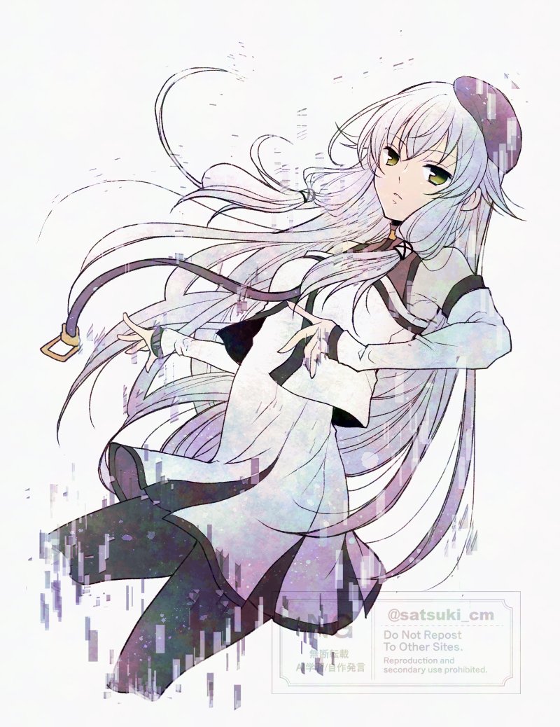 satsuki (chaosmode), altina orion, eiyuu densetsu, kai no kiseki, kuro no kiseki (series), 1girl, bare shoulders, beret, black hat, black thighhighs, breasts, detached sleeves, double-parted bangs, dress, english text, glitch, green eyes, hair between eyes, hat, long hair, looking at viewer, simple background, small breasts, solo, thighhighs, twitter username, two side up, upper body, watermark, white background, white dress, white hair