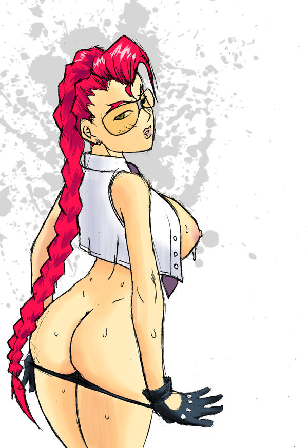 crimson viper, capcom, street fighter, street fighter iv (series), 1girl, ass, braid, breasts, female focus, gloves, large breasts, looking back, nipples, no bra, open clothes, open shirt, panties, panty pull, red hair, shirt, single braid, solo, sunglasses, sweat, underwear