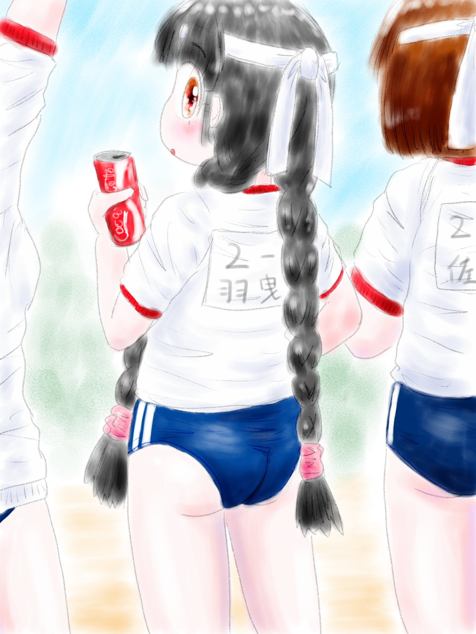 coca-cola, absurdres, highres, 3girls, ass, black hair, blue sky, brown eyes, buruma, gym uniform, multiple girls, sky