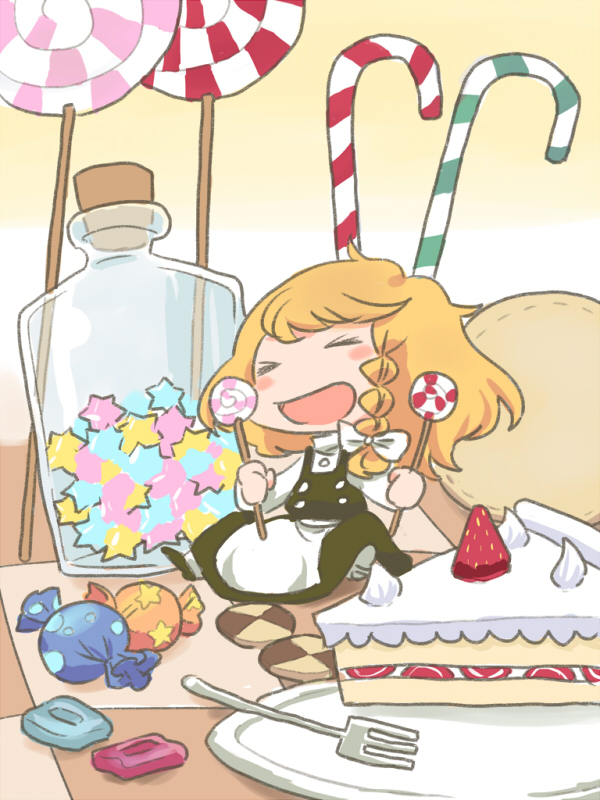 8bit, hachi (8bit canvas), suran8, kirisame marisa, touhou, bad id, bad pixiv id, 1girl, blonde hair, cake, cake slice, candy, candy cane, checkerboard cookie, chibi, closed eyes, cookie, female focus, food, fork, fruit, in food, jar, konpeitou, lollipop, mini person, minigirl, pastry, plate, solo, strawberry, strawberry shortcake, swirl lollipop