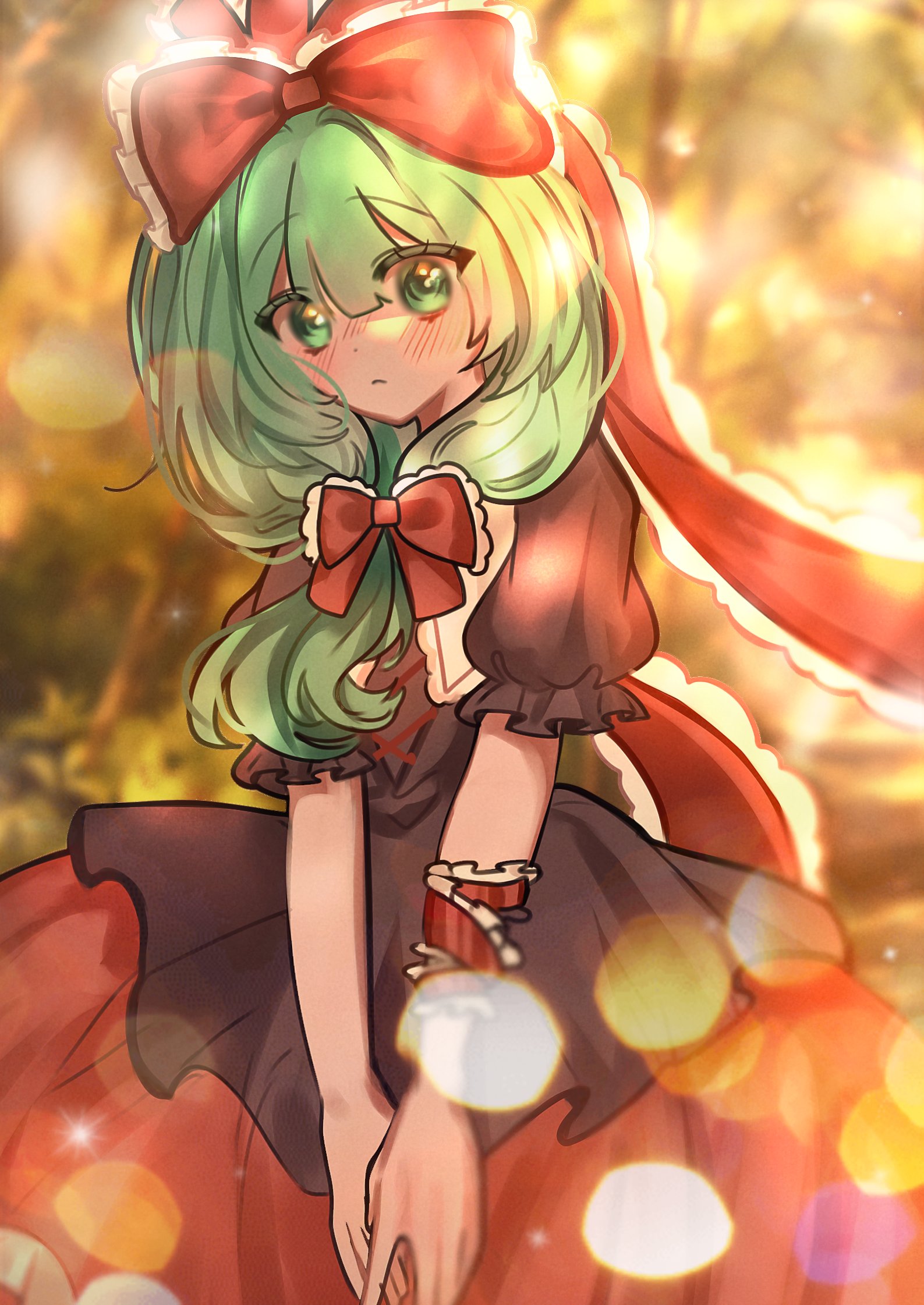 kagiyama hina, touhou, highres, 1girl, blurry, blurry background, blush, bow, depth of field, dress, frills, front ponytail, green eyes, green hair, hair bow, hair ornament, hair ribbon, large bow, long hair, looking at viewer, lunatic chus2, open mouth, puffy sleeves, red bow, red dress, red ribbon, ribbon, short sleeves, smile, solo, sunlight, tree