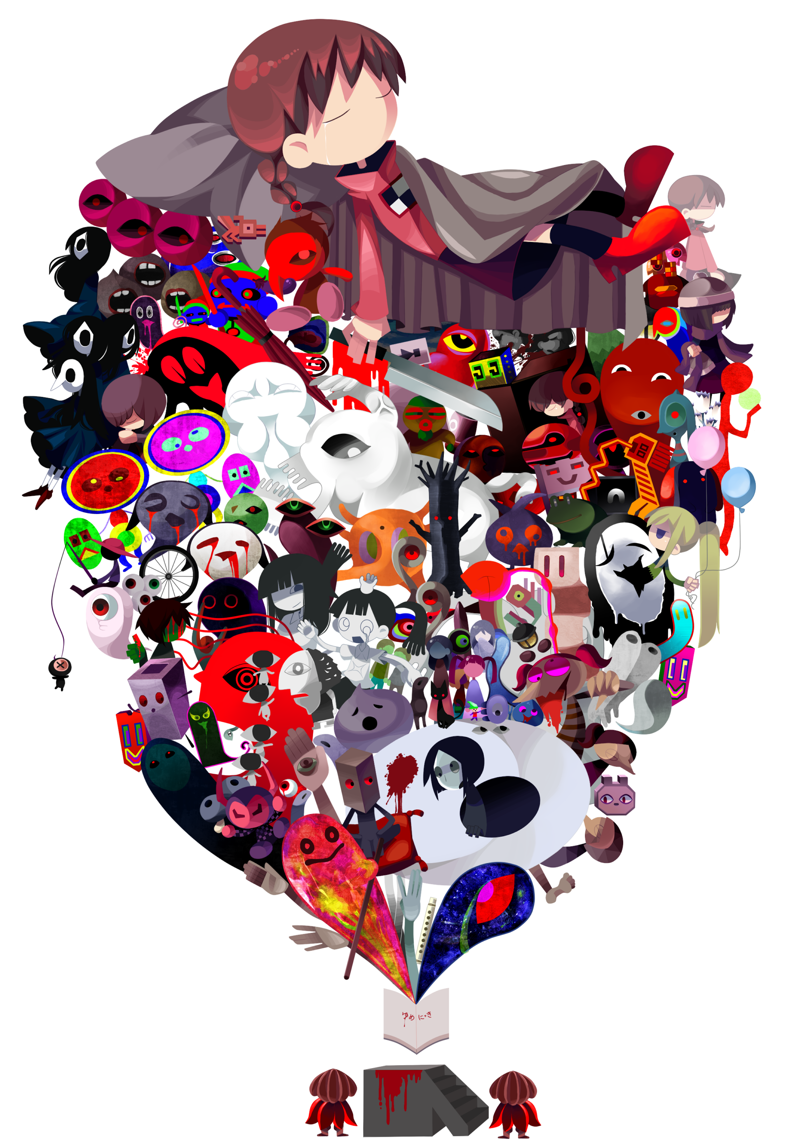 dragunovaa, funamusea (artist), mogeko, eye person (yume nikki), fc demon, frog character (yume nikki), kamakurako, kasei-san, kyukkyu-kun, madotsuki, mafurako, monoe, monoko, nasu (yume nikki), poniko, sekomumasada sensei, shitaisan, takofuusen, tokuto-kun, toriningen, uboa, yuki onna (yume nikki), yume nikki, black legwear, red footwear, bad id, bad pixiv id, highres, 2boys, 6+girls, 6 9, balloon, bare tree, black hair, blonde hair, blood, blood splatter, blue eyes, blunt bangs, book, braid, brown hair, closed eyes, closed mouth, colored sclera, colored skin, drooling, everyone, faceless, faceless female, fishing rod, from side, green skin, green sweater, hand eye, head on pillow, holding, holding balloon, holding fishing rod, holding knife, hole in face, hole in head, horns, jitome, knife, lantern, long hair, long sleeves, lying, multiple boys, multiple girls, no mouth, on back, on bed, open book, pillow, pink sclera, pink sweater, ponytail, purple eyes, purple hair, purple skirt, shirt, short sleeves, simple background, sitting, skirt, sleeping, smile, stairs, standing, sweater, tree, turtleneck, turtleneck sweater, twin braids, twintails, white background, white shirt, yuki onna