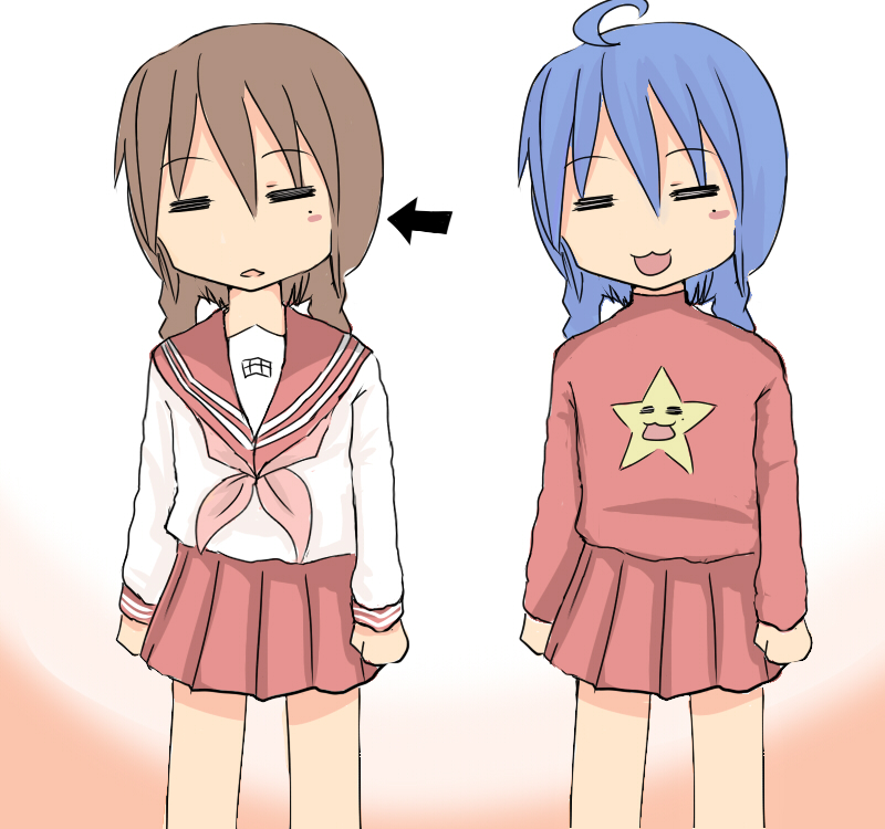 senkox, izumi konata, madotsuki, lucky star, yume nikki, bad id, bad pixiv id, 00s, 2girls, :3, = =, ahoge, blue hair, braid, brown hair, closed eyes, mole, mole under eye, multiple girls, pink shirt, school uniform, serafuku, shirt, twin braids, twintails