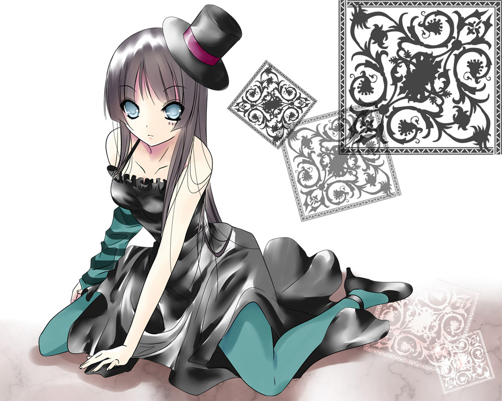rakuna, rakuna yuzutani, akiyama mio, don't say "lazy", k-on!, striped, 00s, 1girl, black hair, blue eyes, blue pantyhose, blunt bangs, facepaint, female focus, gothic lolita, hat, hime cut, lolita fashion, long hair, mini hat, mini top hat, pantyhose, solo, top hat