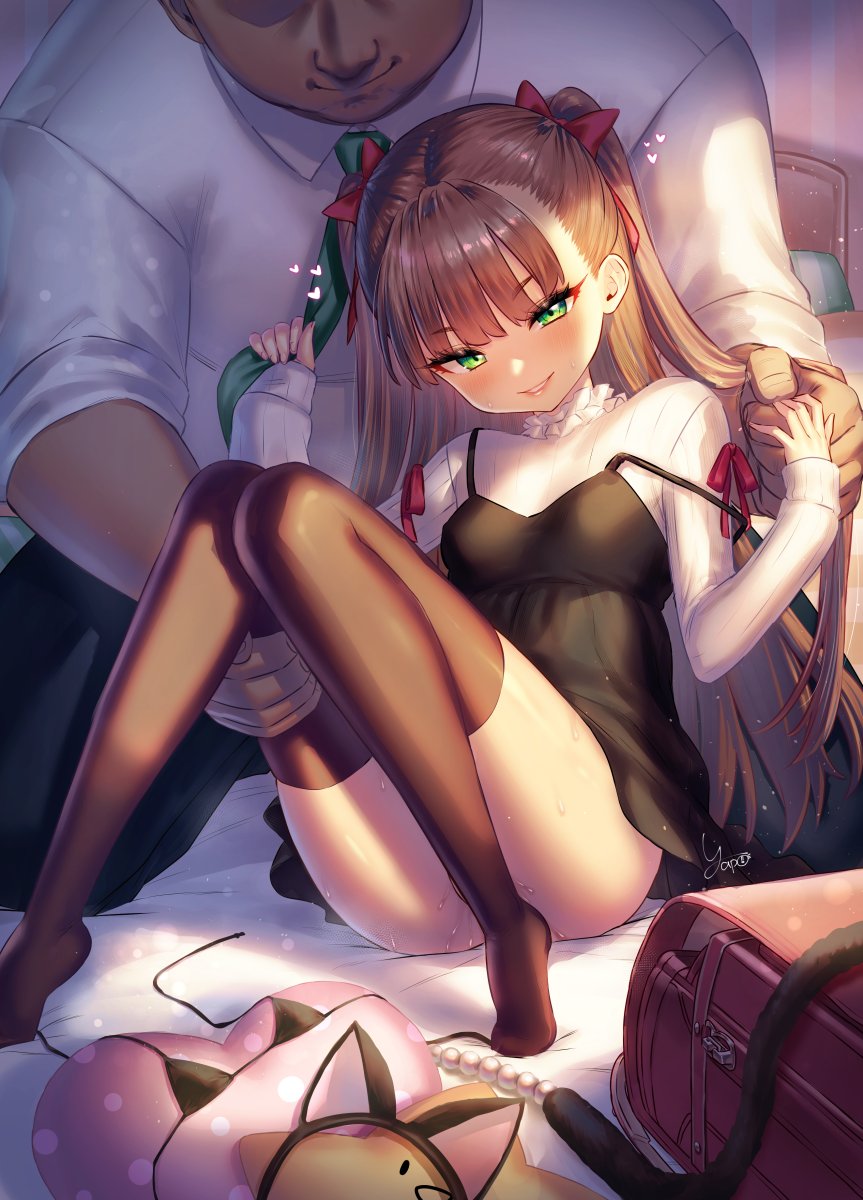 yapo (croquis side), original, highres, 1boy, 1girl, age difference, backpack, bag, black thighhighs, blush, breasts, brown hair, convenient leg, dress, green eyes, hetero, long hair, looking at viewer, randoseru, sitting, small breasts, smile, sweat, thigh grab, thighhighs, unworn bikini top