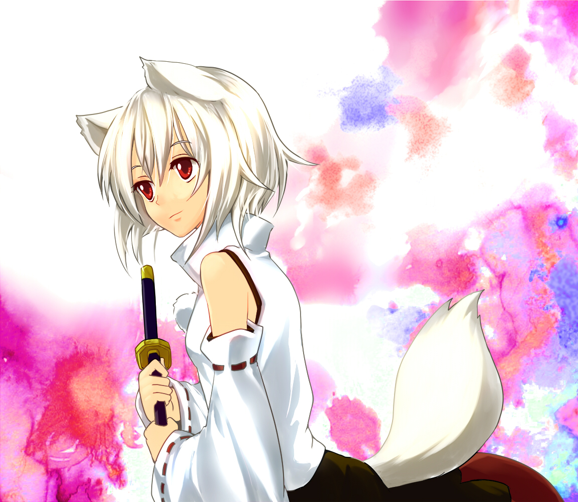 yuru (kashima), inubashiri momiji, touhou, bad id, bad pixiv id, 1girl, animal ears, detached sleeves, female focus, red eyes, short hair, solo, standing, sword, tail, weapon, white hair, wolf ears, wolf tail