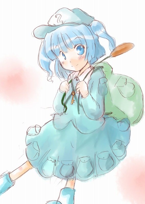 ogu, kawashiro nitori, touhou, 1girl, backpack, bag, blue eyes, blue hair, female focus, gradient background, hat, matching hair/eyes, plant, randoseru, short hair, skirt, solo, two side up, white background
