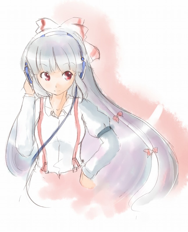 ogu, fujiwara no mokou, touhou, silver hair, 1girl, female focus, hand on own hip, headphones, hip focus, long hair, red eyes, solo, white background