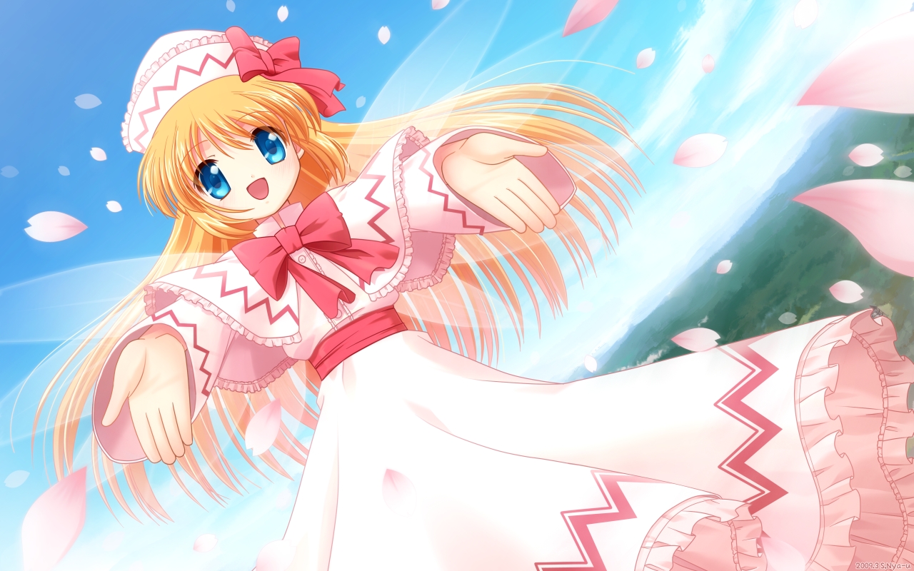 s nyaau, lily white, touhou, 1girl, blonde hair, blue eyes, cherry blossoms, female focus, hat, long hair, solo