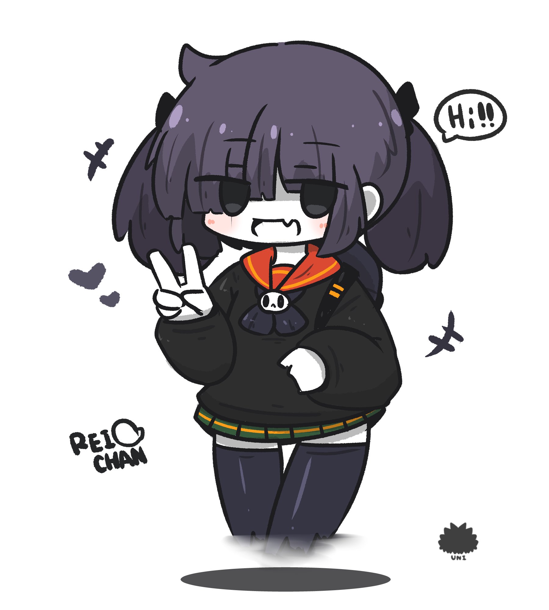 uni souchou, original, commentary request, highres, +++, 1girl, :d, black shirt, black thighhighs, blush, character name, chibi, dissolving, fang, green skirt, grey eyes, heart, long sleeves, open mouth, pale skin, pleated skirt, puffy long sleeves, puffy sleeves, purple hair, red sailor collar, romaji commentary, sailor collar, sea urchin, shadow, shirt, simple background, skirt, sleeves past wrists, smile, solo, thighhighs, twintails, v, white background