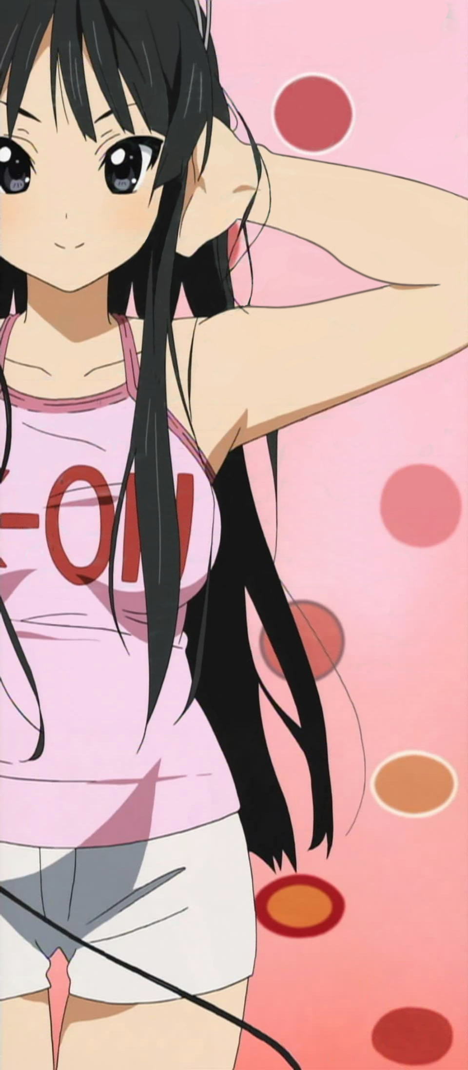 akiyama mio, k-on!, anime screenshot, highres, stitched, third-party edit, 00s, 1girl, black eyes, black hair, blunt bangs, blush, breasts, closed mouth, dot nose, female focus, hime cut, medium breasts, short shorts, shorts, smile, solo, standing, white shorts