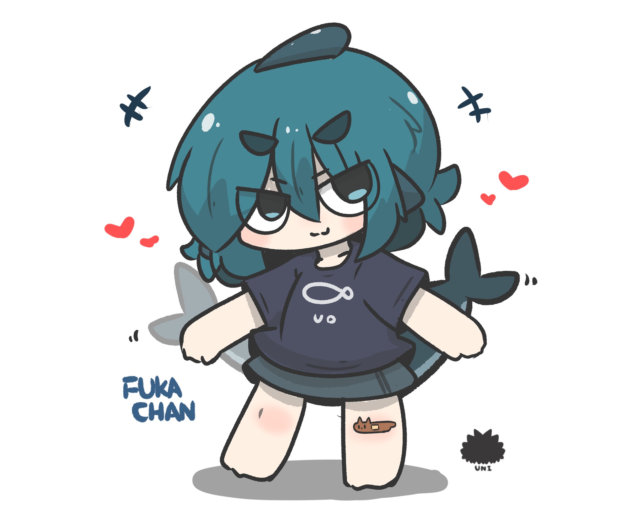 uni souchou, fuka-chan, original, commentary request, highres, +++, 1girl, afterimage, bandaid, bandaid on knee, bandaid on leg, barefoot, black shirt, blue eyes, blue hair, character name, chibi, closed mouth, fins, fish tail, full body, grey skirt, hair between eyes, heart, looking at viewer, sea urchin, shadow, shark tail, shirt, short eyebrows, short sleeves, skirt, smile, solo, tail, tail wagging, thick eyebrows, v-shaped eyebrows
