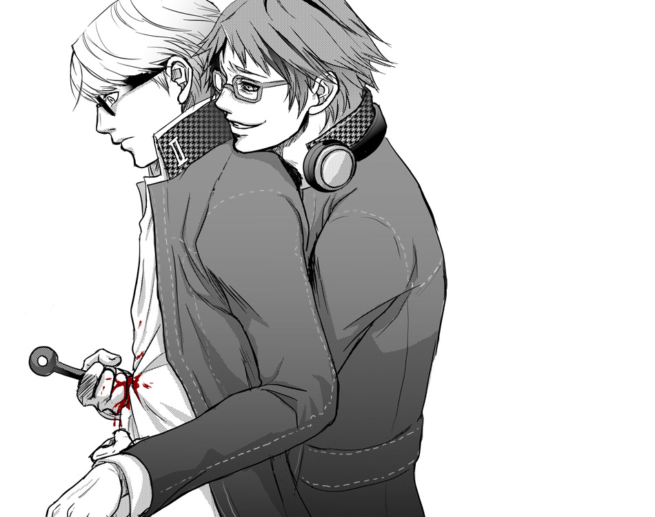 akiratto, hanamura yousuke, narukami yu, atlus, persona, persona 4, bad id, bad pixiv id, 2boys, bad end, blood, crazy, glasses, greyscale, headphones, knife, kunai, male focus, monochrome, multiple boys, school uniform, smile, stab, surprised, violence, weapon