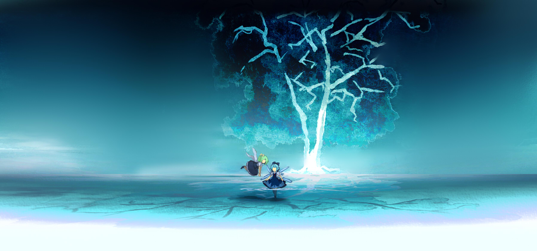 yoshioka yoshiko, cirno, daiyousei, embodiment of scarlet devil, touhou, highres, 2girls, blue theme, dress, female focus, gradient background, multiple girls, nature, outdoors, plant, sky, tree, water