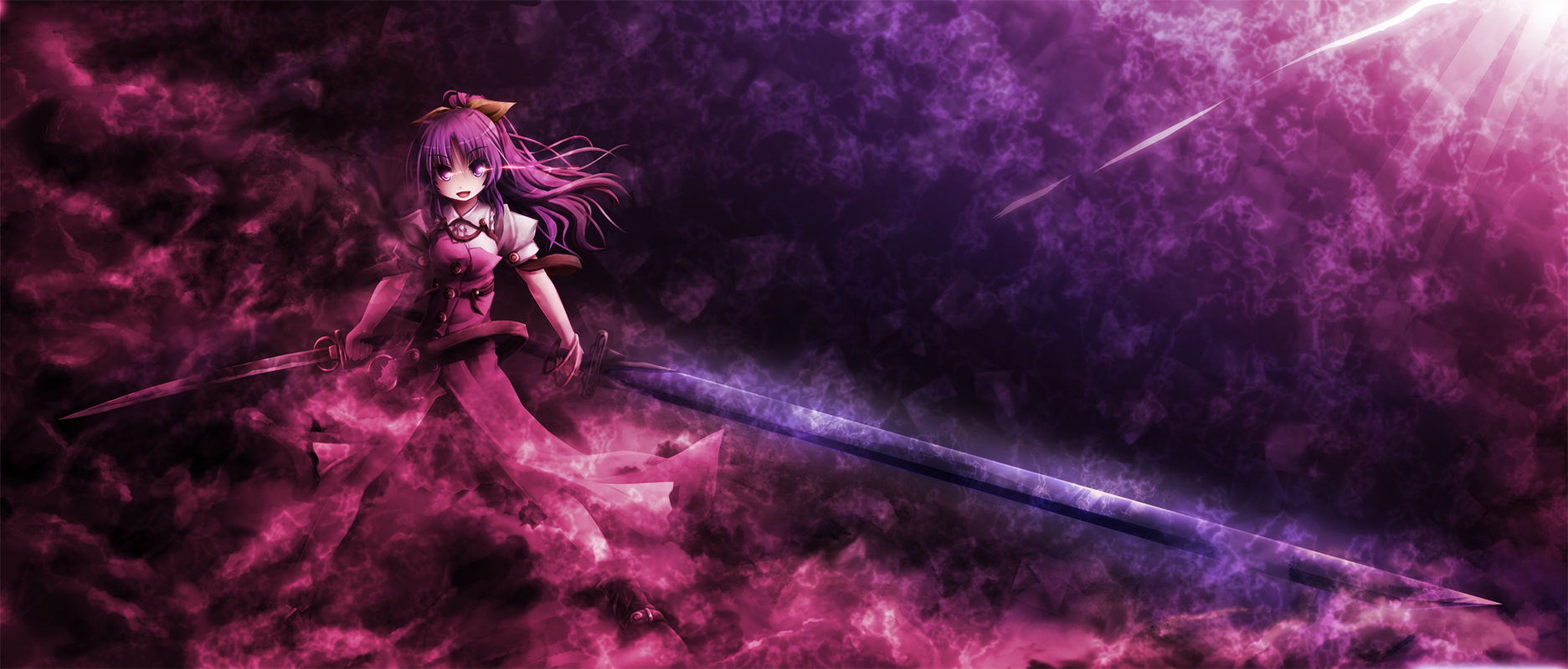 akashio (loli ace), watatsuki no yorihime, silent sinner in blue, touhou, touhou bougetsushou, bad id, bad pixiv id, highres, long image, wide image, 1girl, dual wielding, female focus, holding, long hair, ponytail, purple hair, ribbon, solo, standing, sword, weapon