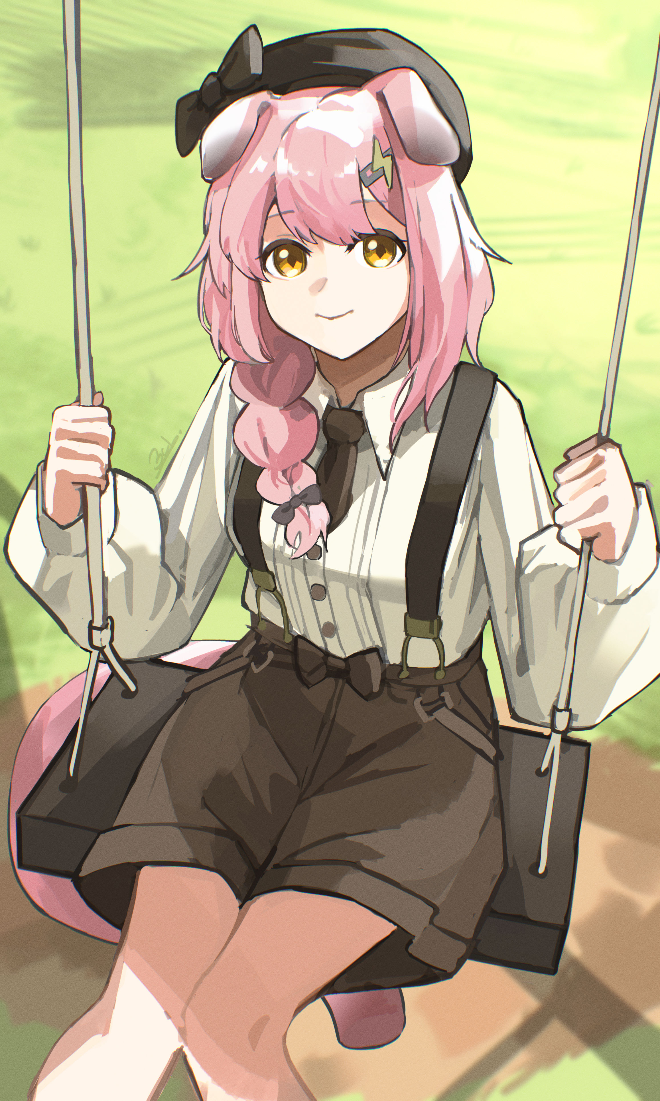 yagi000, goldenglow (arknights), arknights, absurdres, commentary, highres, 1girl, animal ears, beret, black bow, black hat, bow, brown necktie, brown shorts, buttons, chromatic aberration, closed mouth, cowboy shot, hair bow, hat, hat bow, long hair, long sleeves, necktie, pink hair, puffy long sleeves, puffy sleeves, shirt, short necktie, shorts, sitting, smile, solo, suspender shorts, suspenders, swing, white shirt, yellow eyes