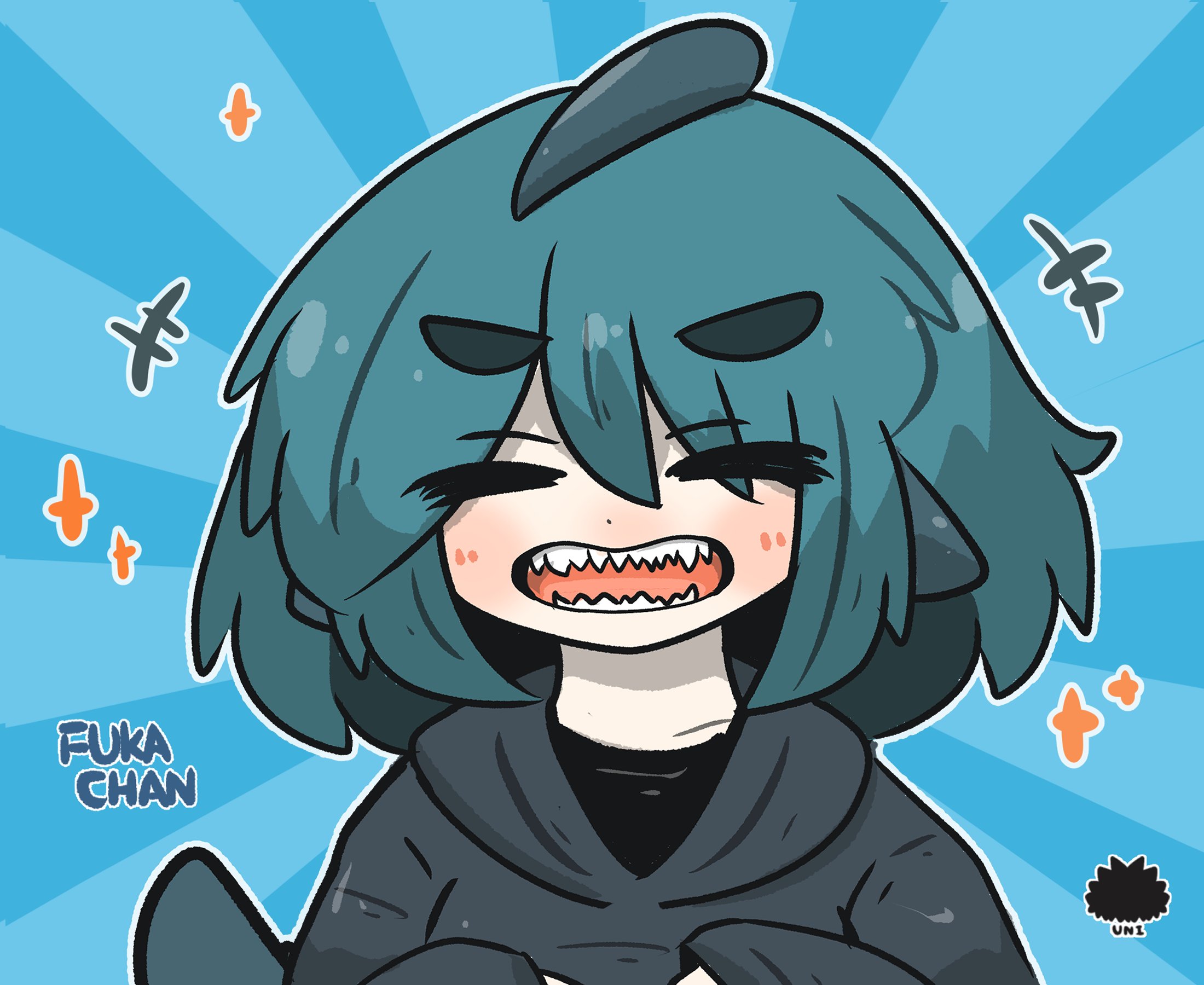 uni souchou, fuka-chan, original, commentary, commentary request, english commentary, highres, +++, 1girl, :d, ^ ^, black shirt, blue background, blue hair, blush, character name, chibi, closed eyes, facing viewer, fins, fish tail, grey hoodie, hair between eyes, hood, hood down, hoodie, open mouth, romaji commentary, sea urchin, shark tail, sharp teeth, shirt, short eyebrows, smile, solo, sparkle, sunburst, sunburst background, tail, teeth, thick eyebrows, upper body