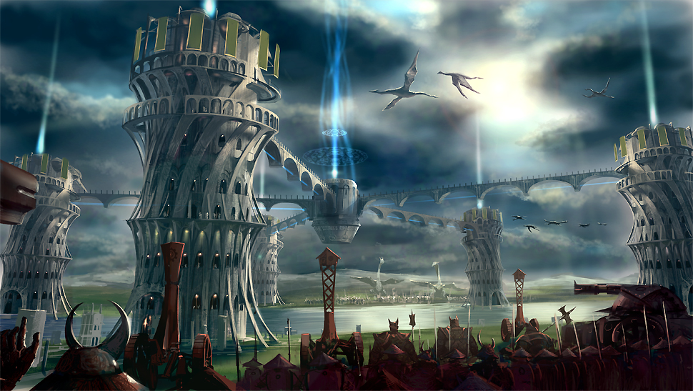 noba, pixiv fantasia, pixiv fantasia 3, 6+boys, akatsuhara empire, armor, army, bridge, dragon, magic circle, male focus, multiple boys, river, scenery, tower, war