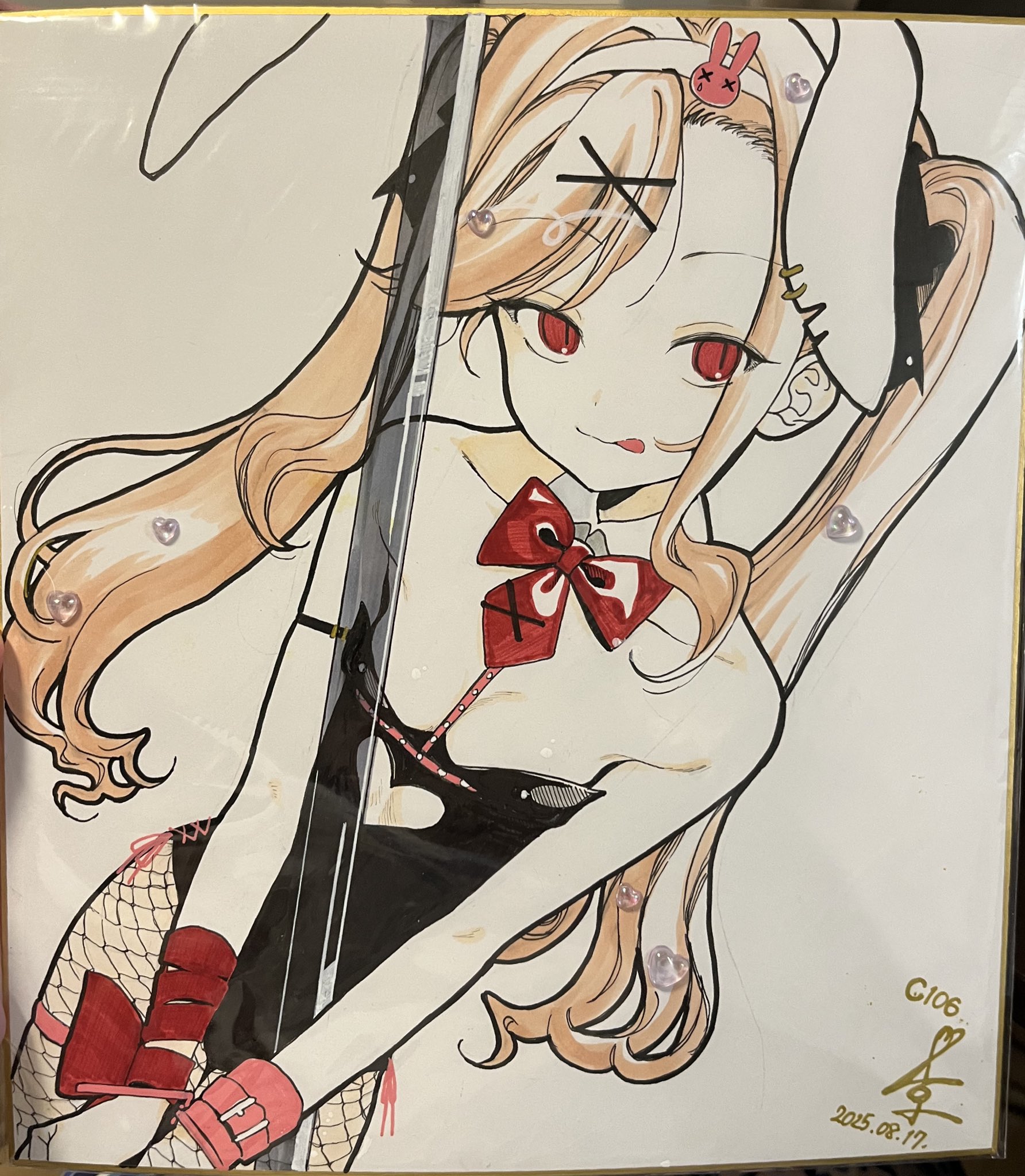 miyako no gohan, comiket 106, original, rabbit hole (vocaloid), highres, photo (medium), traditional media, 1girl, :p, animal ears, blonde hair, fishnet pantyhose, fishnets, flat chest, leotard, long hair, looking at viewer, pantyhose, playboy bunny, rabbit ears, red eyes, shikishi, slit pupils, smile, solo, tongue, tongue out, twintails
